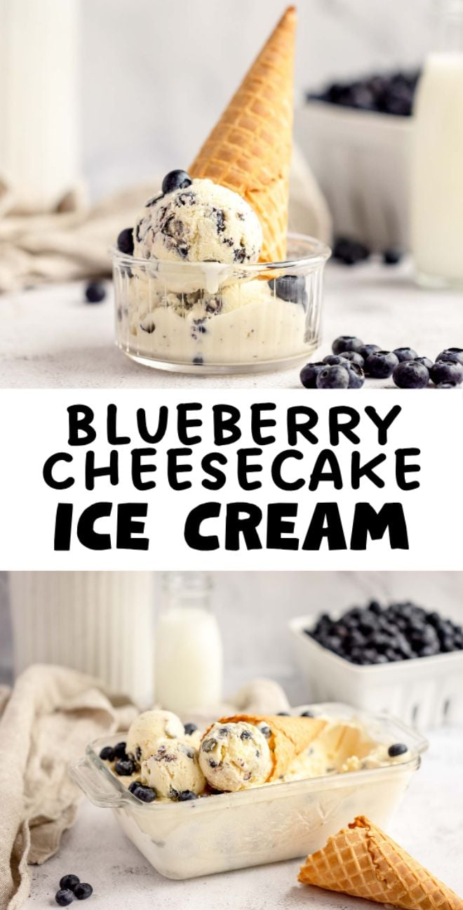 Scoops of Blueberry Cheesecake Ice Cream in a dish with a cone, fresh blueberries, and a glass of milk nearby—just like a classic homemade cheesecake ice cream recipe brought to life.
