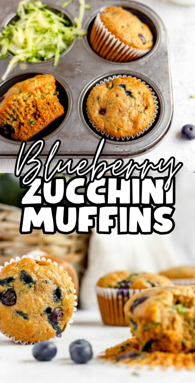 Blueberry zucchini muffins in a tin and on a table, with fresh blueberries and shredded zucchini nearby—try this healthy blueberry muffin or a classic zucchini muffin recipe with applesauce for extra moisture.