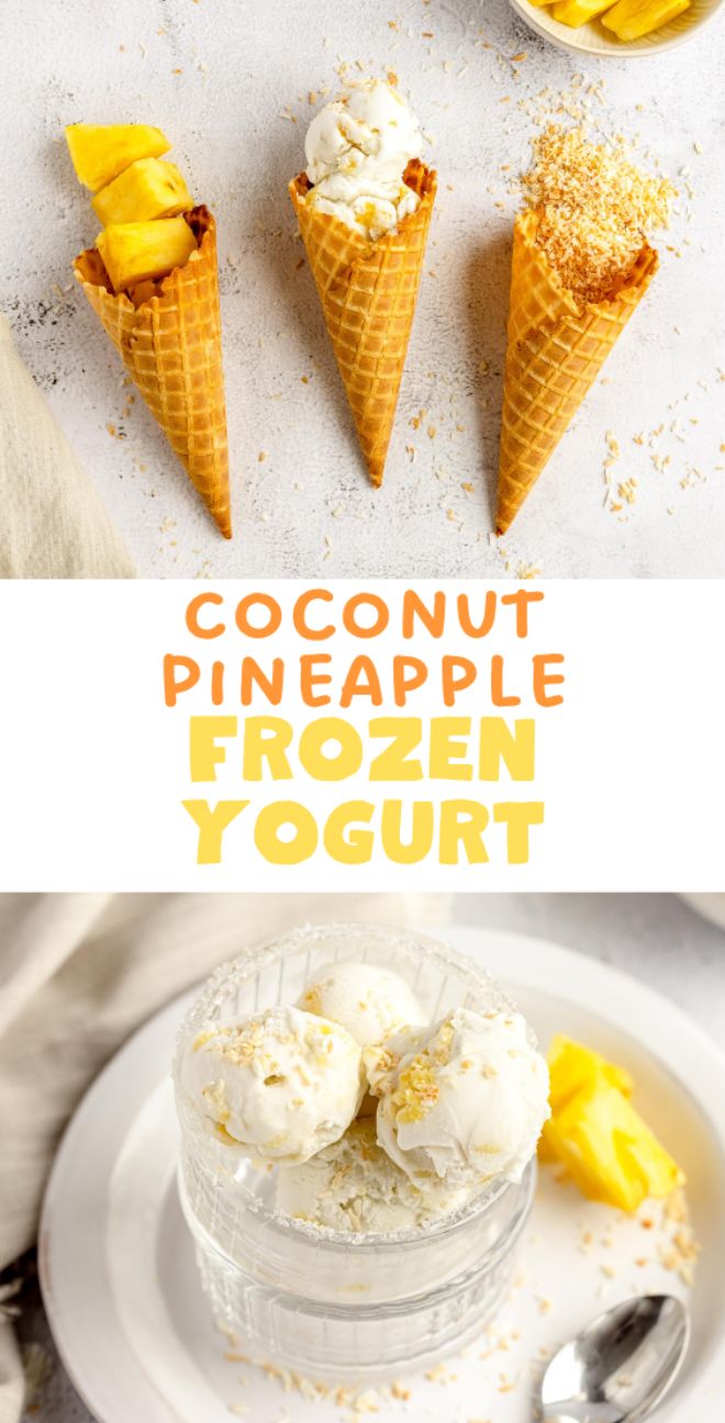 Three waffle cones filled with coconut pineapple frozen yogurt, topped with pineapple and coconut flakes, showcase the best frozen yogurt recipe—perfect for those looking to make froyo at home, with a glass bowl serving on the side.
