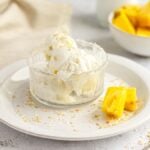A bowl of frozen yogurt ice cream with coconut flakes and jackfruit pieces on a white plate, with a spoon and napkin nearby—perfect inspiration if you want to make froyo at home.
