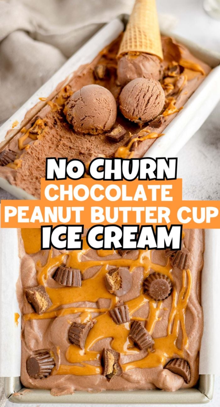 No Churn Chocolate Peanut Butter Cup Ice Cream in a pan, topped with peanut butter cups, cone pieces, and a rich drizzle—an easy no churn peanut butter ice cream recipe with peanut butter cups in every bite.