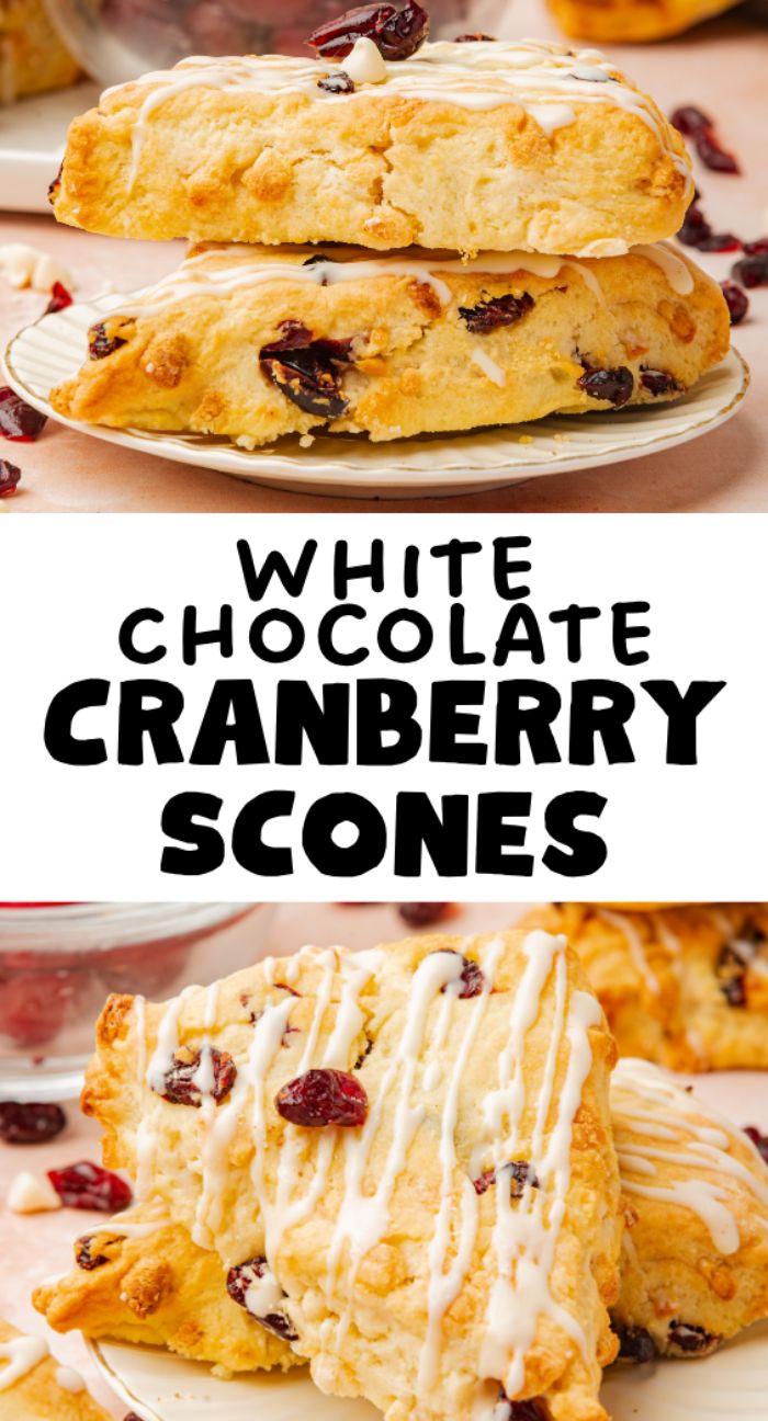 Two white chocolate cranberry scones stacked on a plate, drizzled with icing—an easy scone recipe perfect for showcasing your favorite fresh cranberry recipe, with text in the center.