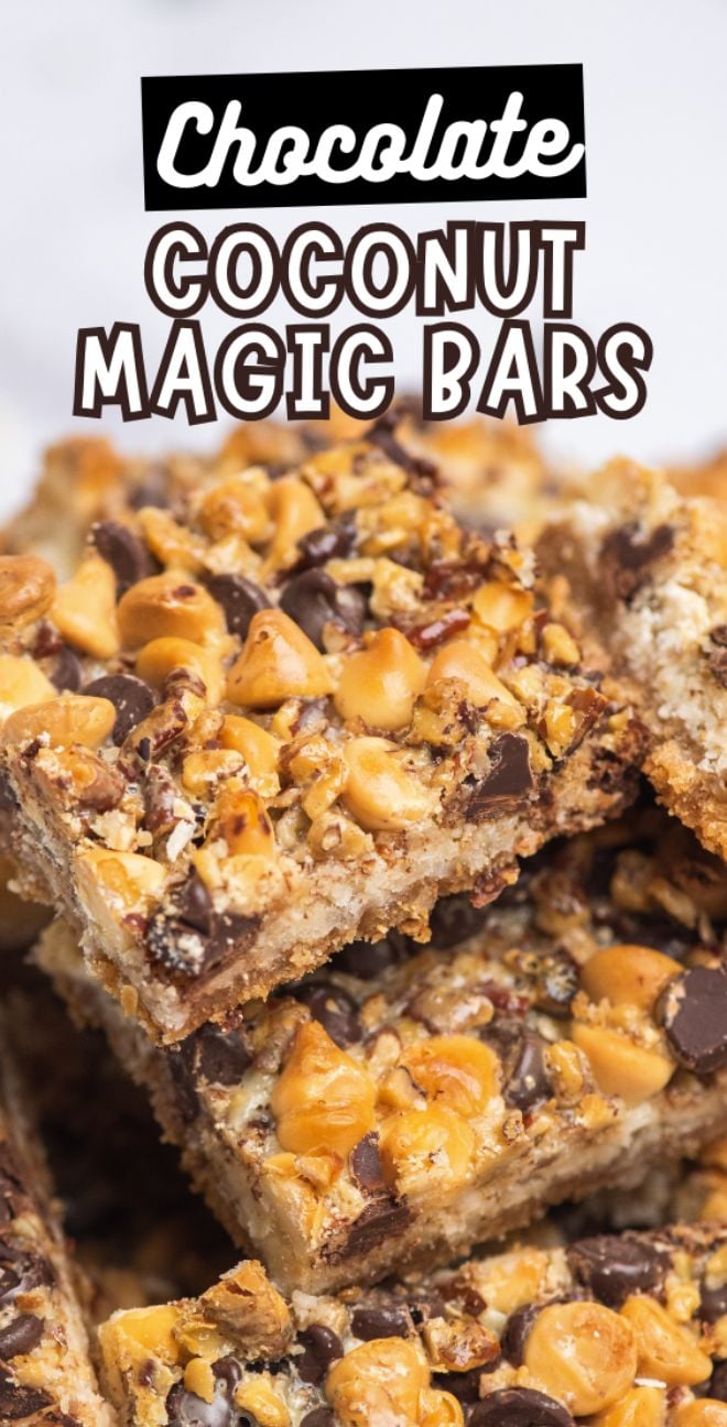 A close-up of old fashioned coconut bars stacked, topped with chocolate chips and toasted coconut, just like classic Hello Dolly bars.