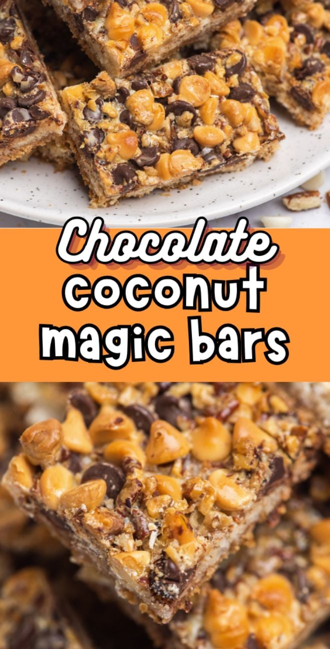 Close-up of chocolate coconut magic bars, also known as Hello Dolly bars, topped with chocolate and butterscotch chips.