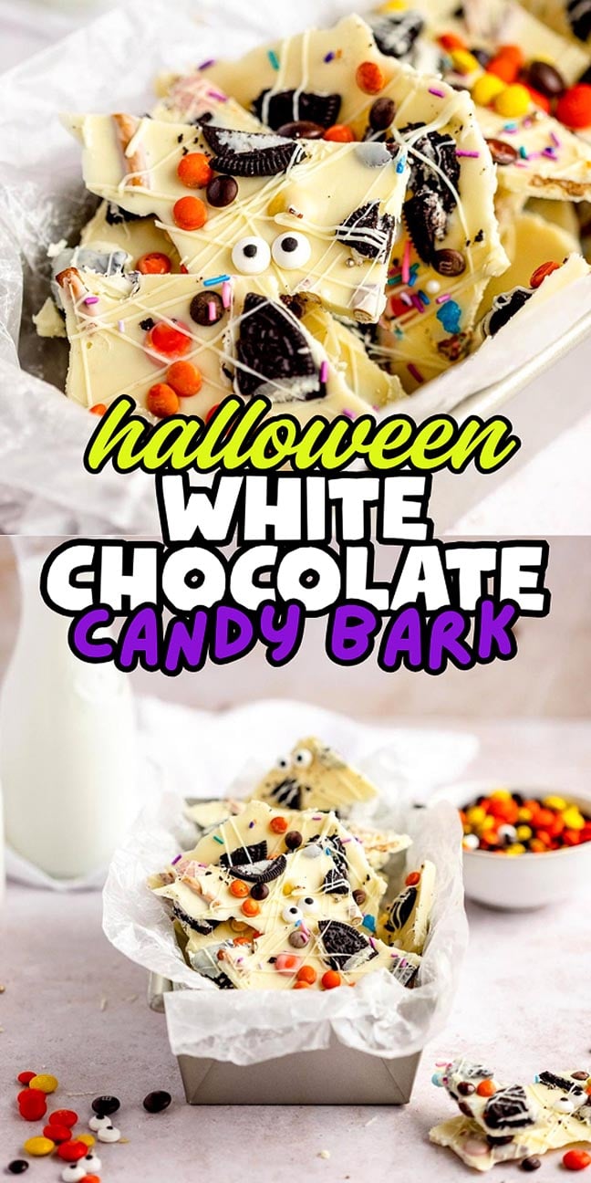 Halloween white chocolate bark topped with cookie pieces, candy eyes, and sprinkles.