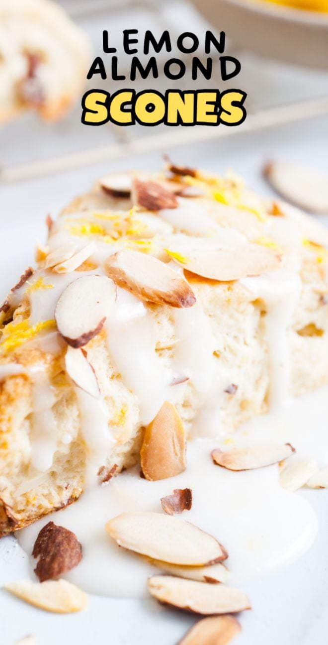 A lemon almond scone topped with icing and sliced almonds sits below the text "Lemon Almond Scones"—the perfect treat for anyone looking for an easy scone recipe with a bright, zesty twist.