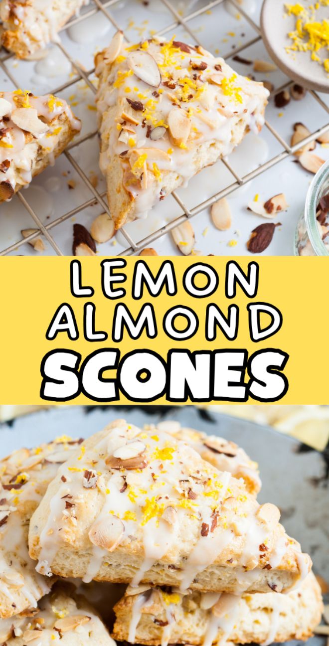Lemon Almond Scones topped with sliced almonds and lemon zest, fresh from the oven, rest on a cooling rack and plate—an easy scone recipe perfect for any occasion.