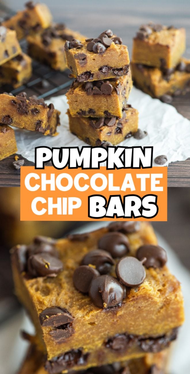 Pumpkin squares with chocolate chips stacked on parchment paper, topped with melted chocolate chips—an irresistible pumpkin and chocolate recipe for any occasion.