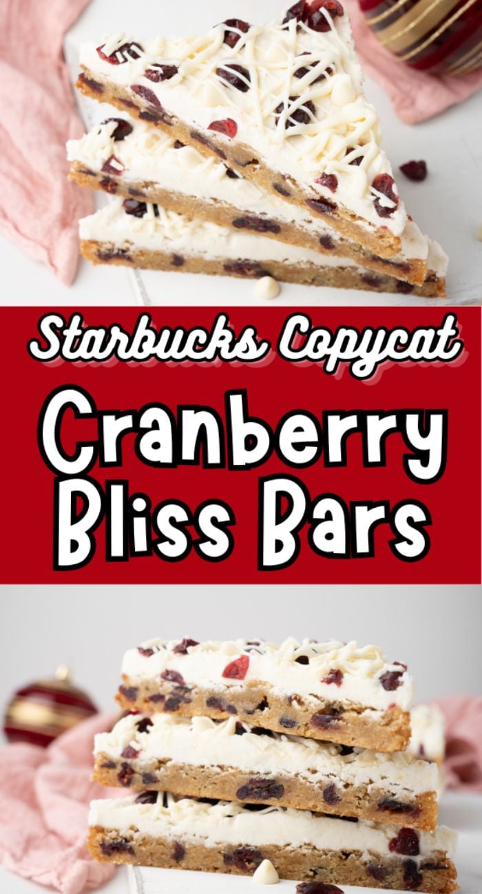 Three stacked Starbucks copycat cranberry bliss bars with white frosting, cranberries, and a white chocolate drizzle.