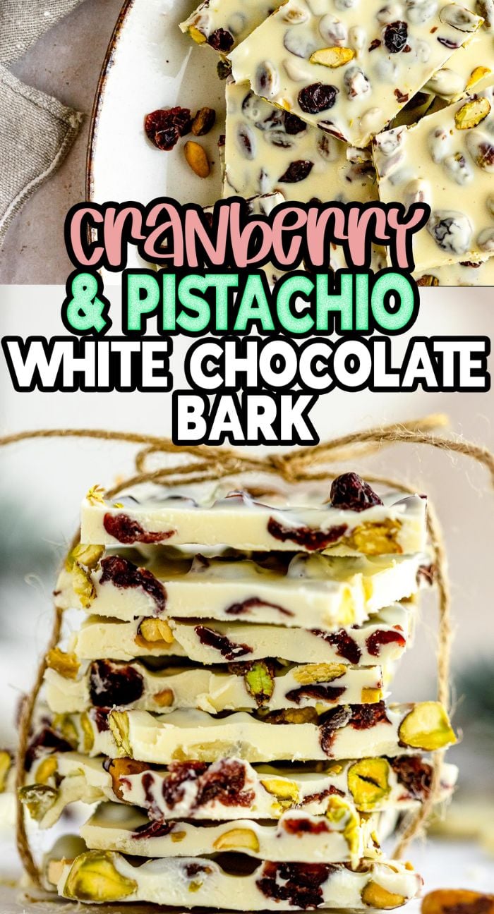 Stacked pieces of white chocolate christmas bark with pistachios and cranberries, shown on a plate and in close-up, perfect for the holidays and deliciously festive—like almond bark with a colorful twist.