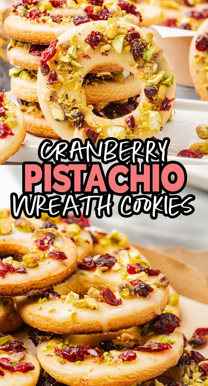 Cranberry pistachio wreath cookies stacked, topped with glaze, dried cranberries, and chopped pistachios, make a festive holiday treat.