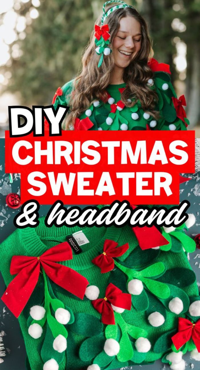 Woman wearing a green DIY Homemade Ugly Christmas Sweater and headband with pom-poms, red bows, and leaf decorations.