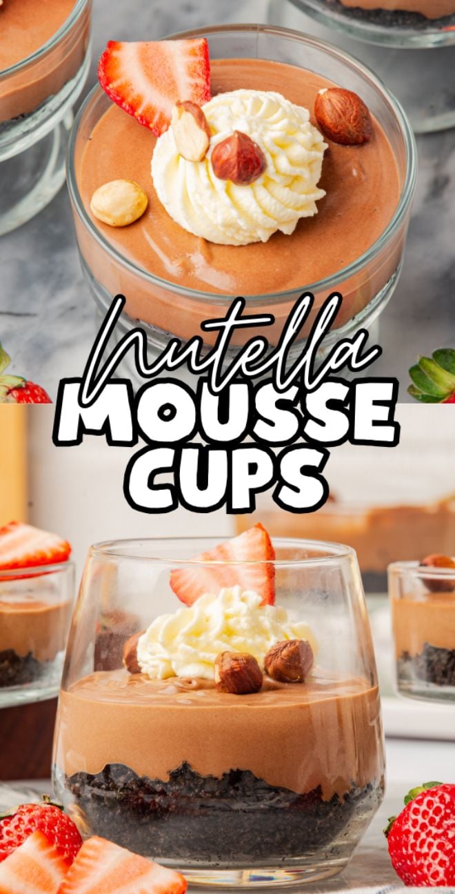 Indulge in Nutella mousse cups layered with whipped cream, crunchy hazelnuts, and fresh strawberries. A decadent treat for any dessert lover!.