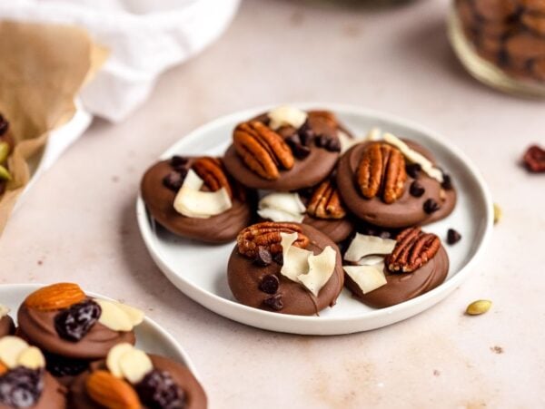 Chocolate discs topped with pecans, almonds, dried fruit, and nuts on a white plate—these treats are reminiscent of delightful cranberry nut clusters.