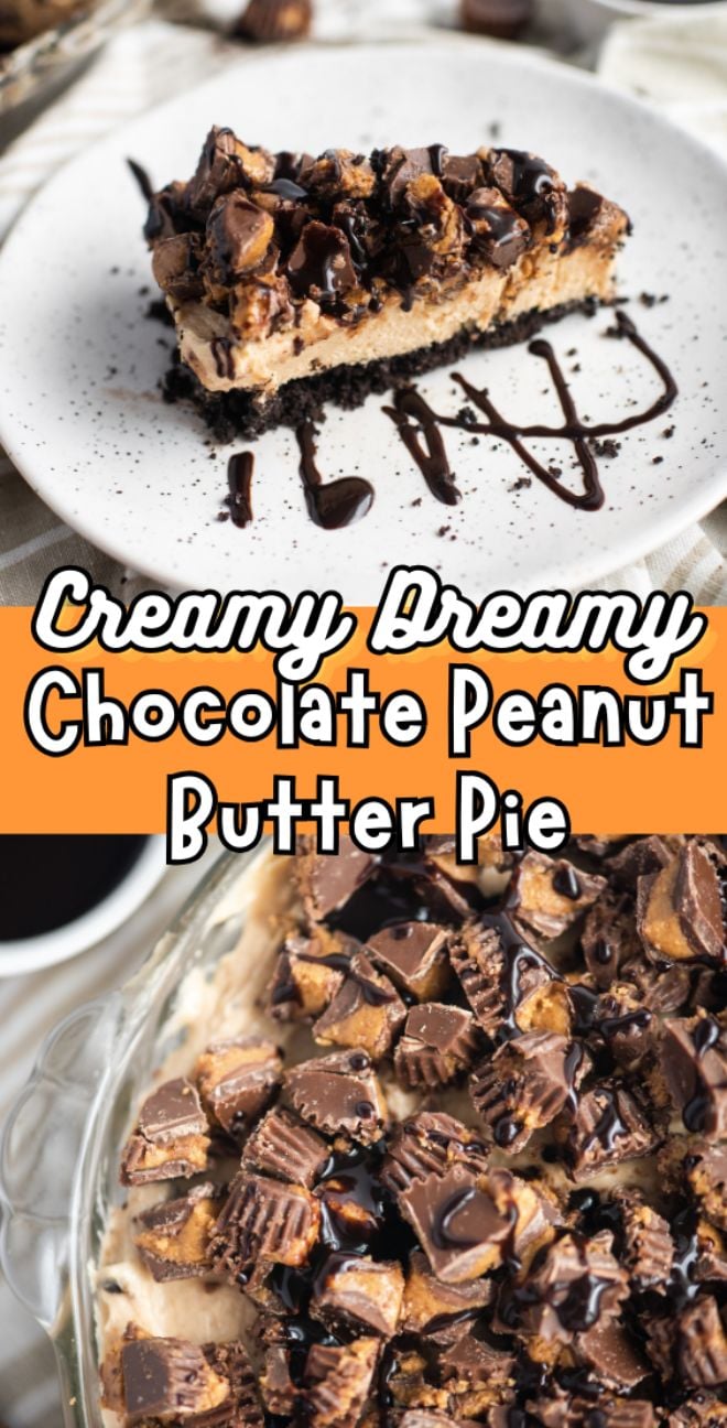 Slice of chocolate peanut butter pie with a chocolate graham crust, topped with peanut butter cups and drizzled with chocolate on a white plate—a delicious recipe with peanut butter cups in every bite.