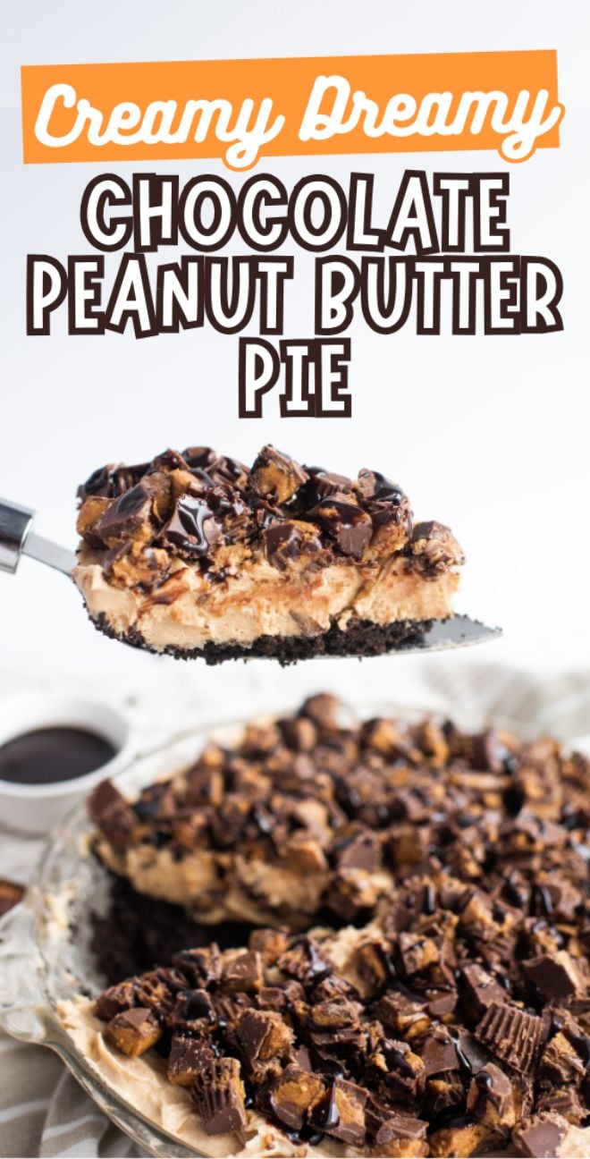 A slice of chocolate peanut butter cream pie topped with chocolate chunks is being lifted from a whole pie.