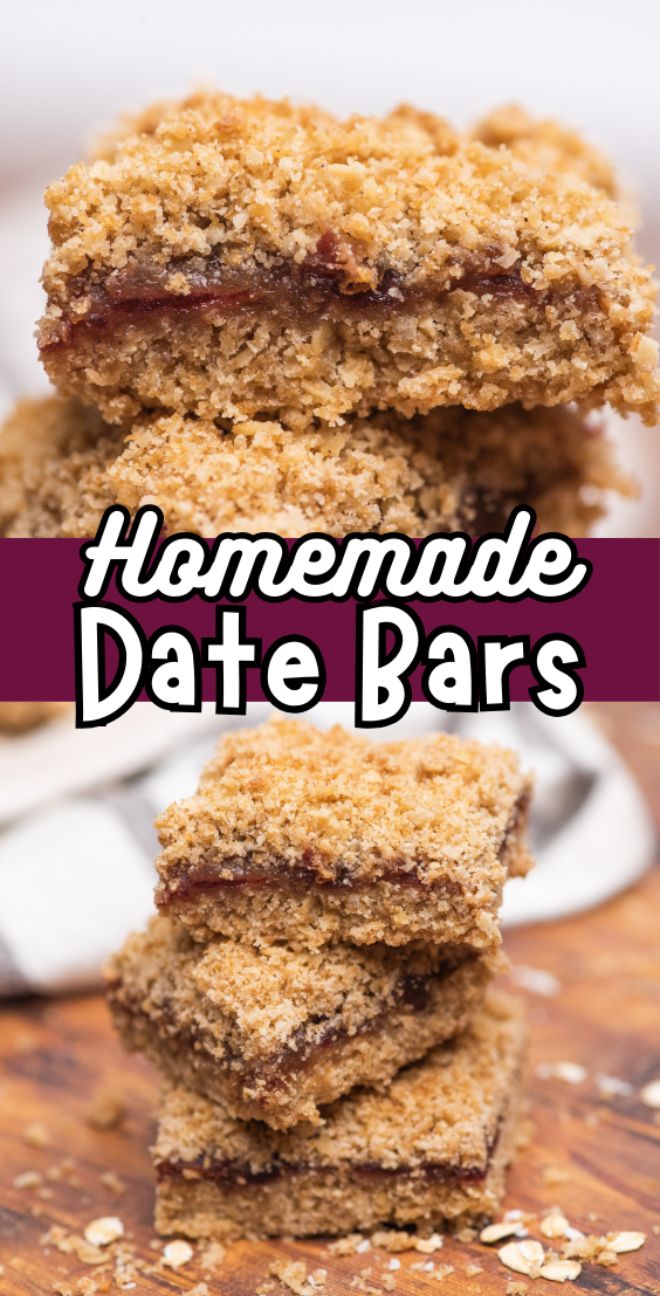 A stack of homemade Canadian date squares with a crumbly Oatmeal Crumble Topping and sweet date filling sits on a wooden surface—a classic recipe with dates.