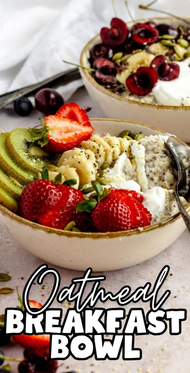 Enjoy a healthy oatmeal breakfast with bowls topped with strawberries, kiwi, banana, cherries, seeds, and yogurt. Discover delicious oatmeal bowl toppings for a wholesome and energizing start to your day.