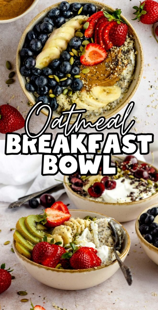 Oatmeal bowls topped with fresh fruit, seeds, and berries make a healthy oatmeal breakfast. Discover delicious oatmeal bowl toppings artfully arranged on a light background.
