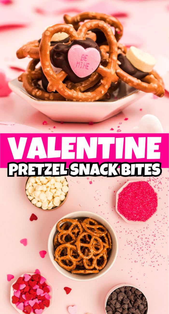 Bowl of Valentine Pretzel Snack Bites with chocolate, candy hearts, and sprinkles on a pink Valentine's Day background.