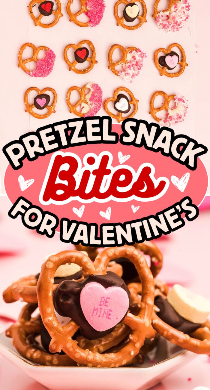 Heart-shaped Valentine Pretzel Snack Bites topped with chocolate and candy hearts, perfectly decorated as a sweet Valentine’s Day treat.