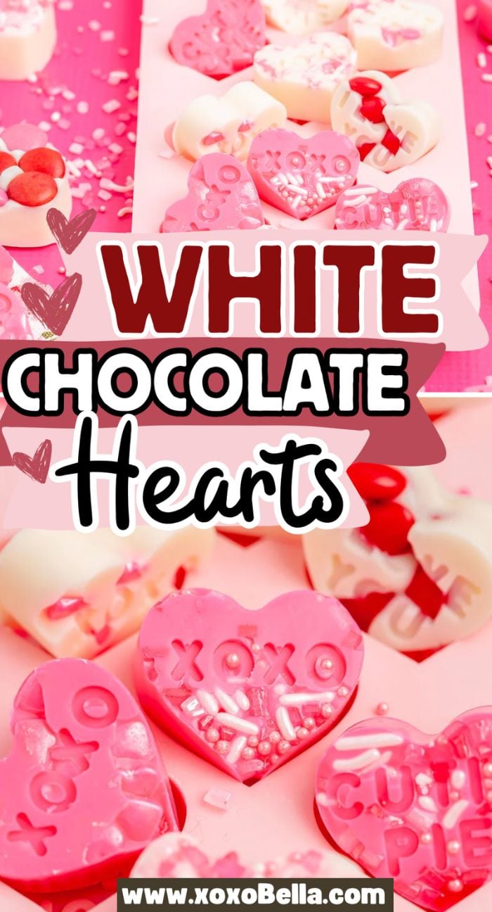 Assorted pink and white homemade Valentine’s candy heart chocolates with sprinkles on a pink background—perfect for easy Valentine’s treats.