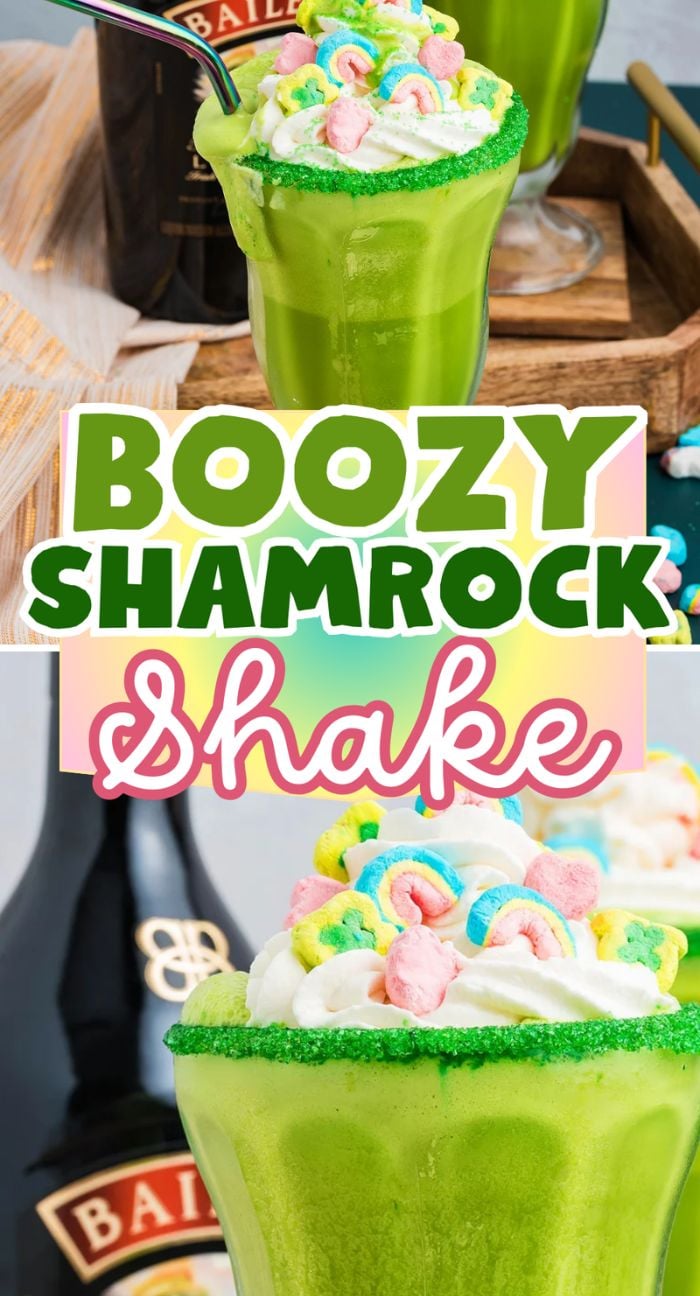 A boozy shamrock shake topped with whipped cream and colorful marshmallows, featuring a nearby Baileys bottle—this festive Irish cream milkshake is the ultimate St. Patrick's shake delight.