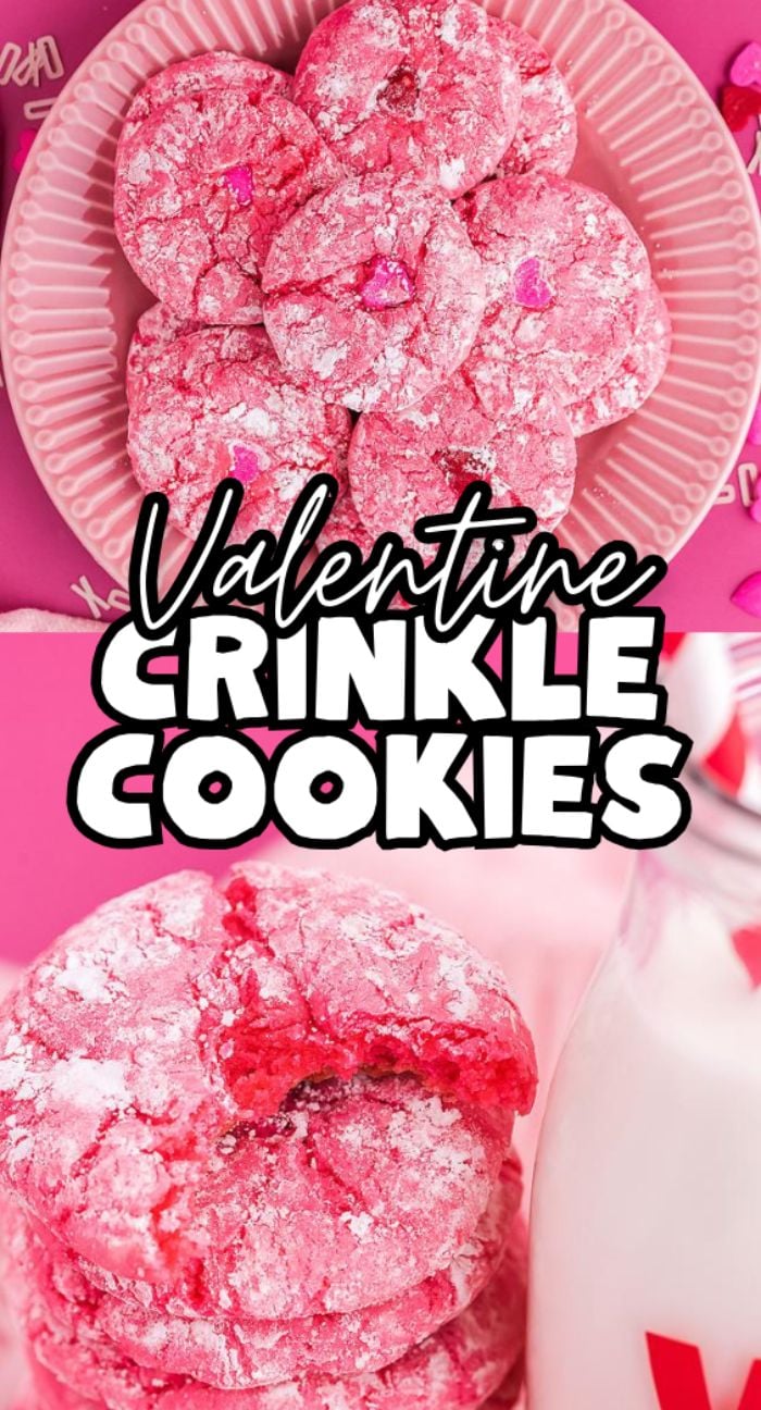 A plate of pink cake mix cookies dusted with powdered sugar, labeled "Valentine Crinkle Cookies," makes for easy Valentine’s cookies everyone will love.