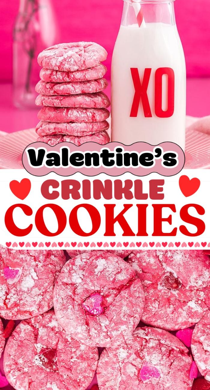 Stack of pink crinkle cookies and a milk bottle with "XO," plus text reading "Valentine's Crinkle Cookies—perfect cake mix cookies for a sweet celebration.
