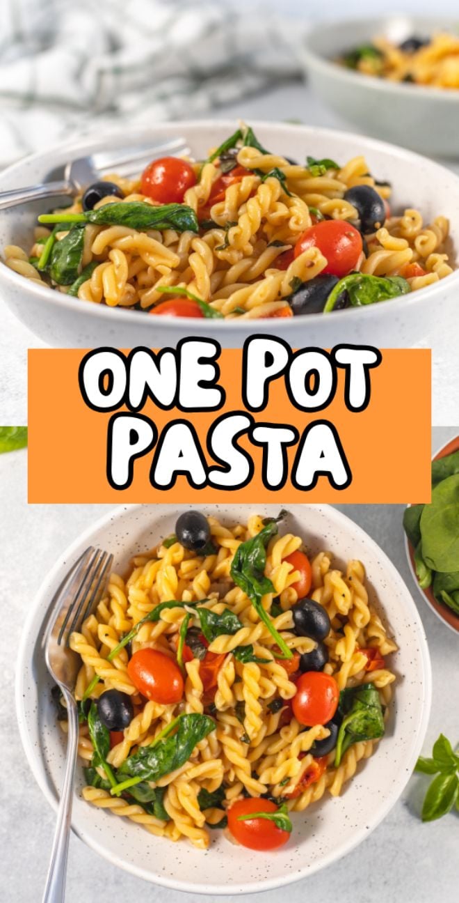 A bowl of One Pot Pasta with fusilli, baby spinach and cherry tomatoes, black olives, and fresh greens vegan pasta vibes, topped with a fork.