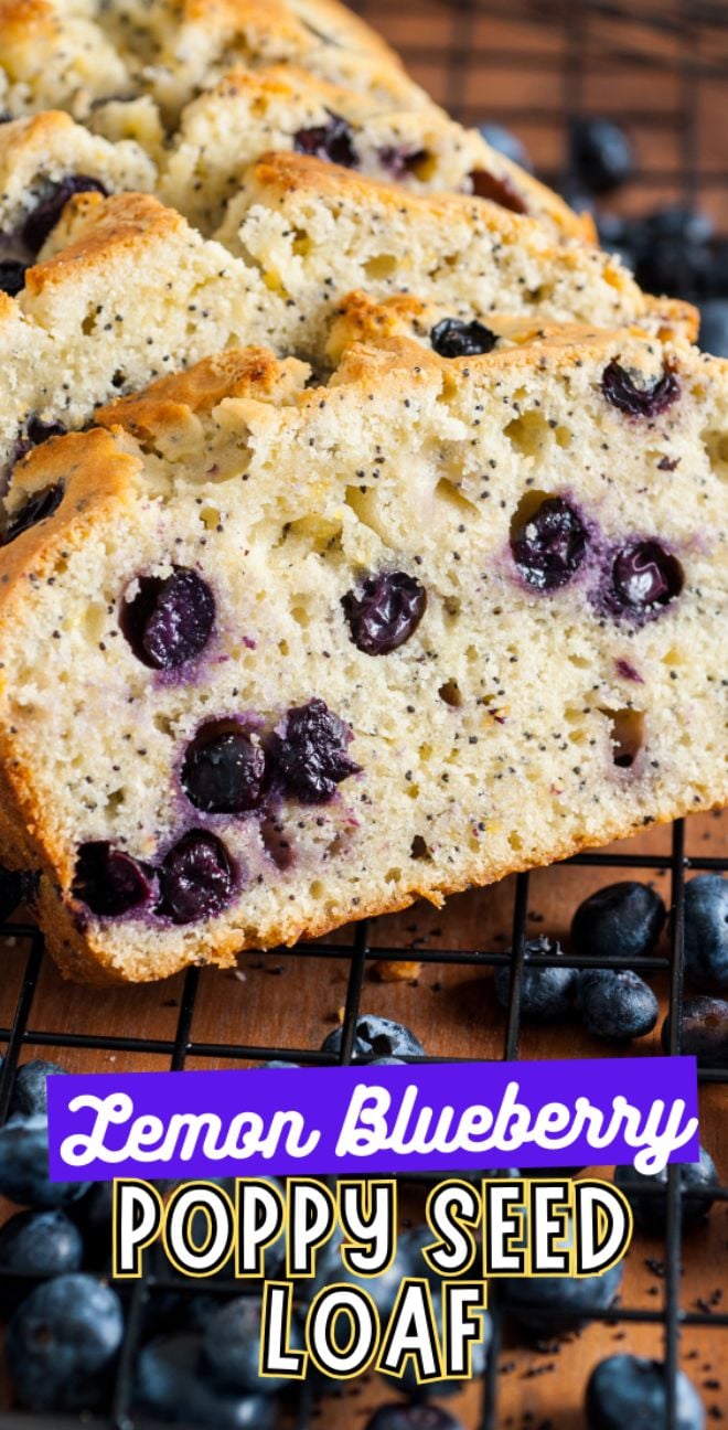 Slices of Lemon Blueberry Poppy Seed Loaf rest on a cooling rack, with fresh blueberries scattered around for a burst of color and flavor.
