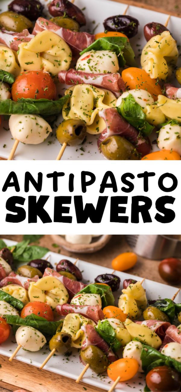 Antipasto bites featuring olives, tomatoes, cheese, and tortellini on a white plate, garnished with herbs—perfect for fans of Italian appetizer recipes.