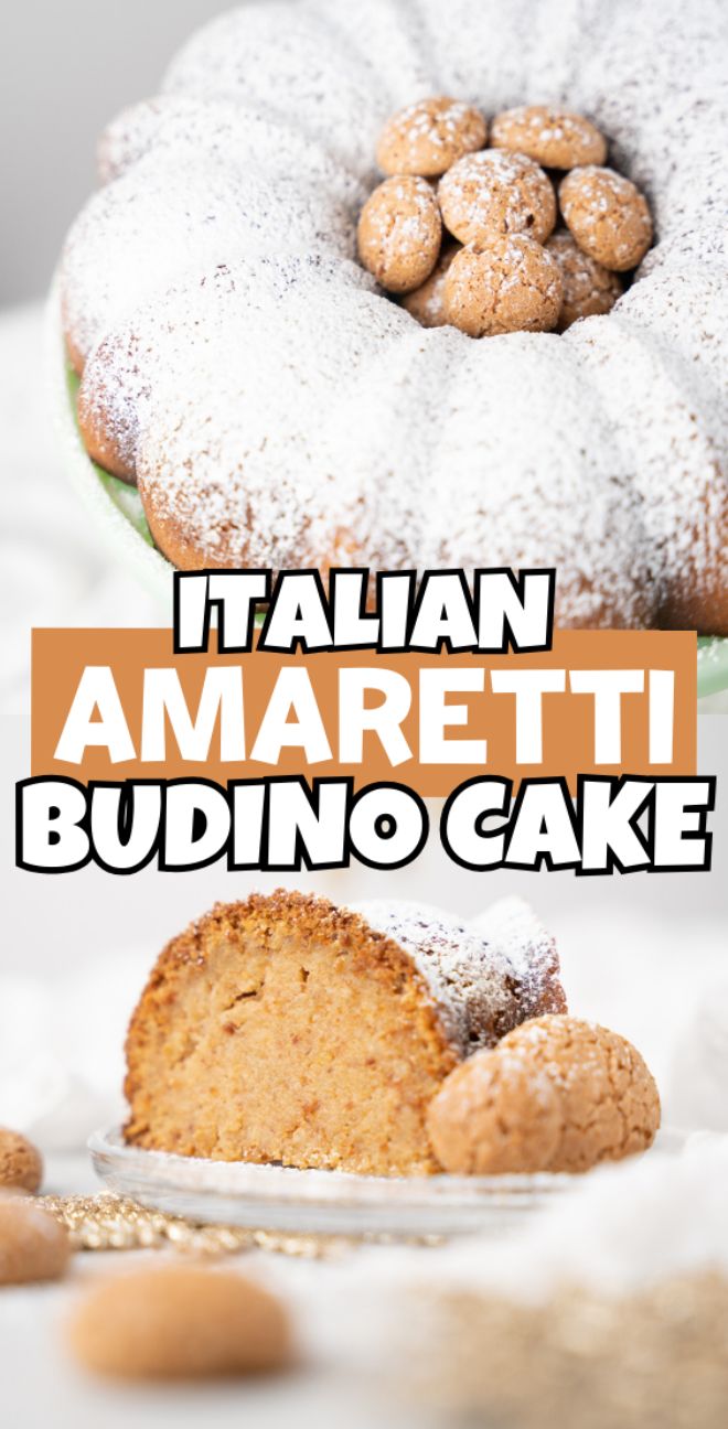 A powdered sugar-dusted Italian Amaretti Budino Cake, made with amaretti cookies and ricotta cheese, is topped with amaretti cookies and served sliced—perfect for Christmas or other holidays.
