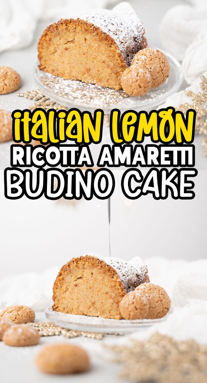 Slice of Italian Amaretti Budino Cake with amaretti cookies, dusted with powdered sugar—perfectly served at Christmas or other holidays.