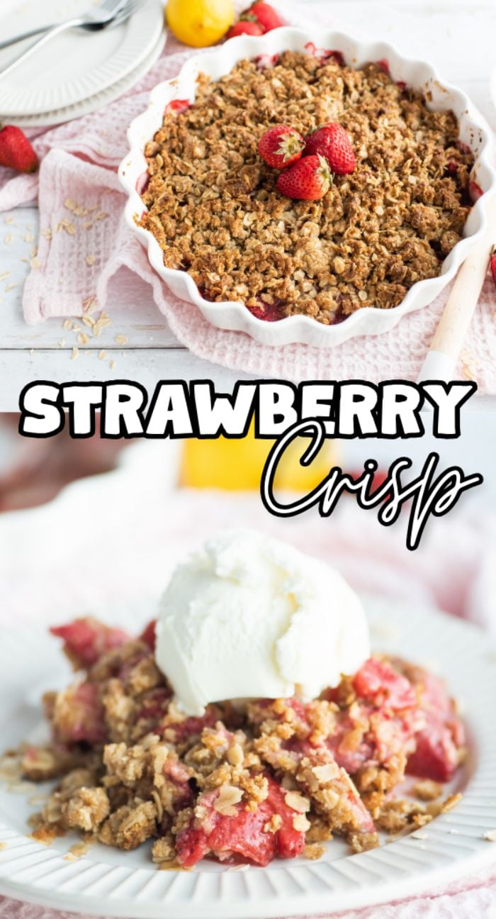 Baked strawberry crisp in a dish and served on a plate with vanilla ice cream on top—a delicious dessert made with fresh berries and perfect for anyone seeking the best gluten free crisp recipe.