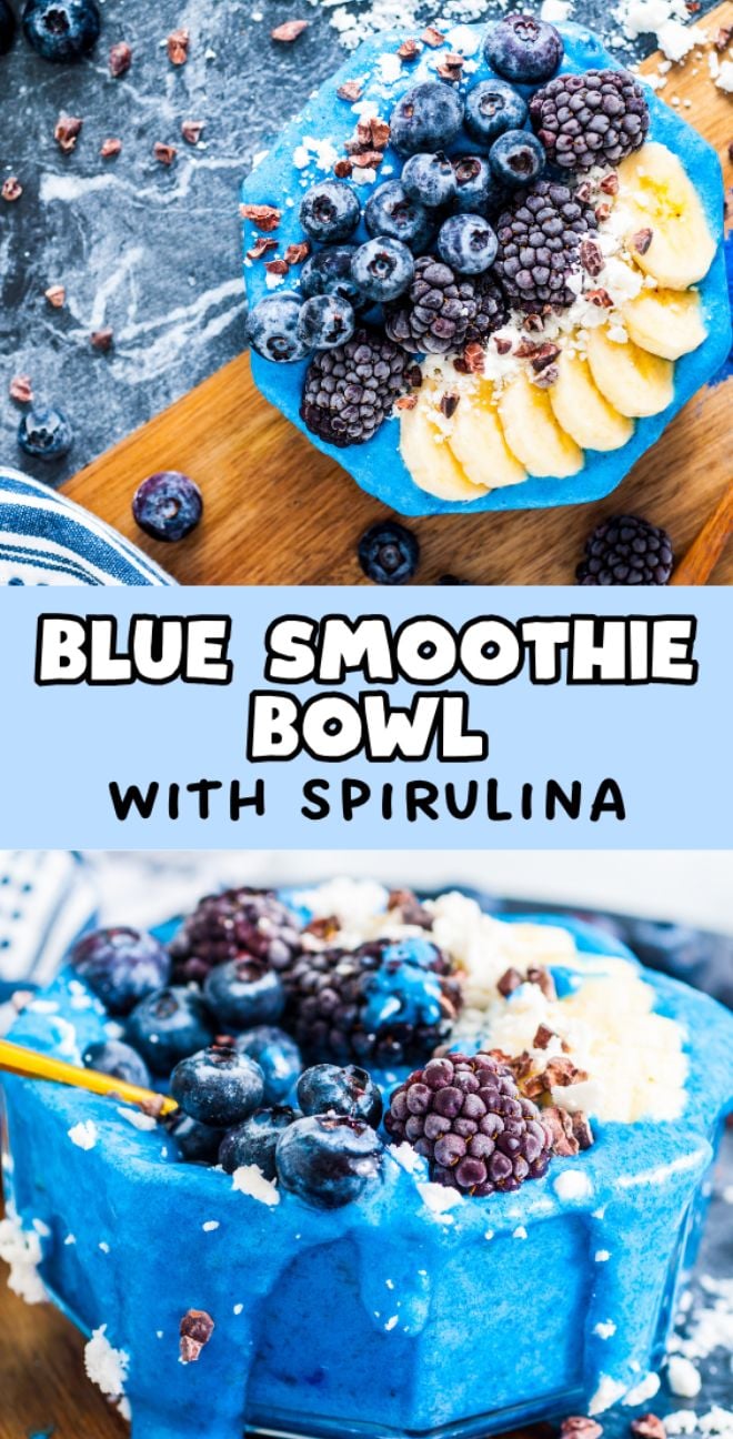 Blue Smoothie Bowl with Spirulina topped with banana slices, blueberries, blackberries, and coconut flakes on a wooden board.