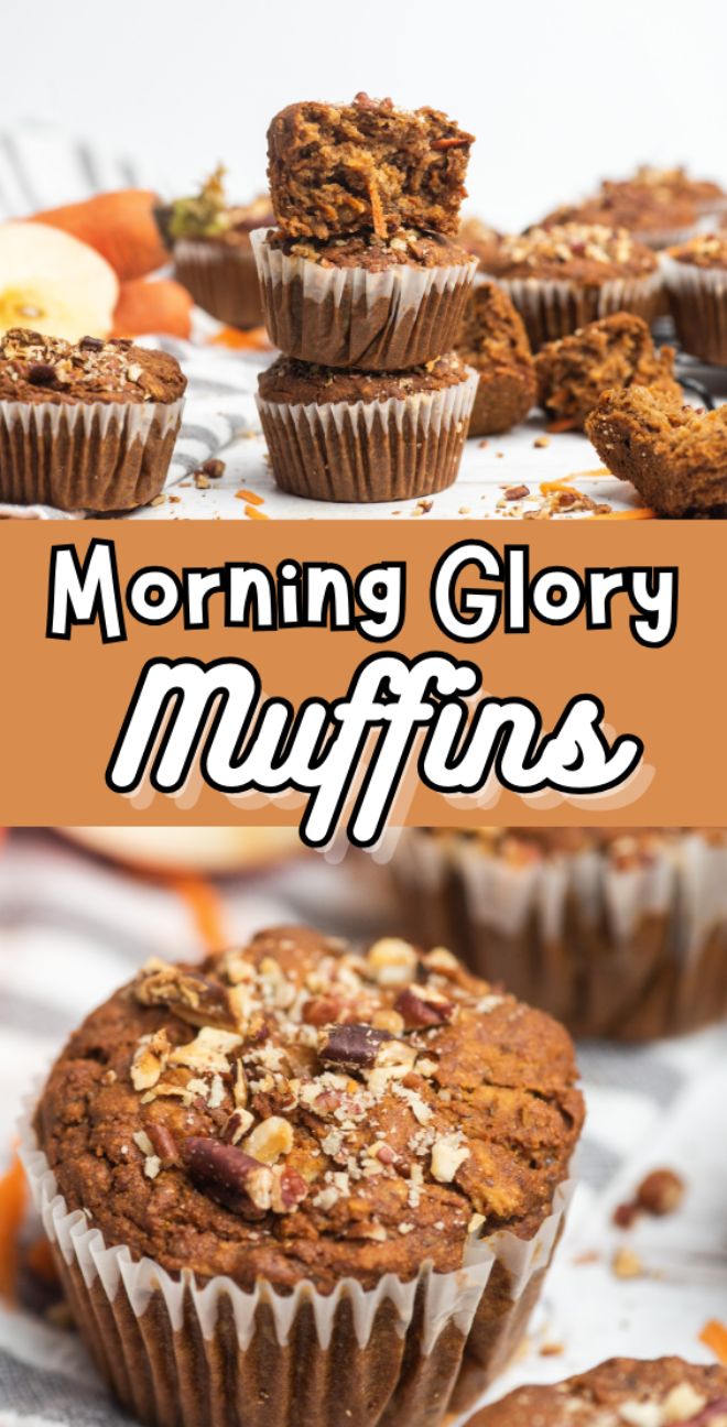 Assorted Morning Glory Muffins, including gluten free muffins with nuts on top, stacked and beautifully displayed on a white surface.