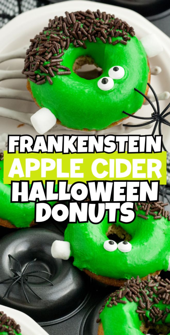 Spooky baked Halloween donuts decorated like Frankenstein monsters, with green frosting, candy eyes, and chocolate sprinkles—perfect for Halloween donut decorating fun!.
