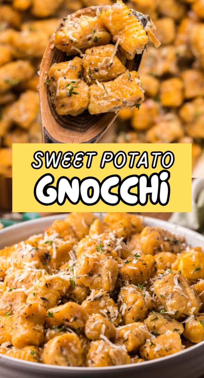 Close-up of Sweet Potato Gnocchi in a bowl, topped with herbs and grated cheese, served with a wooden spoon and drizzled with roasted garlic sauce. Perfect for anyone craving a homemade potato gnocchi recipe.