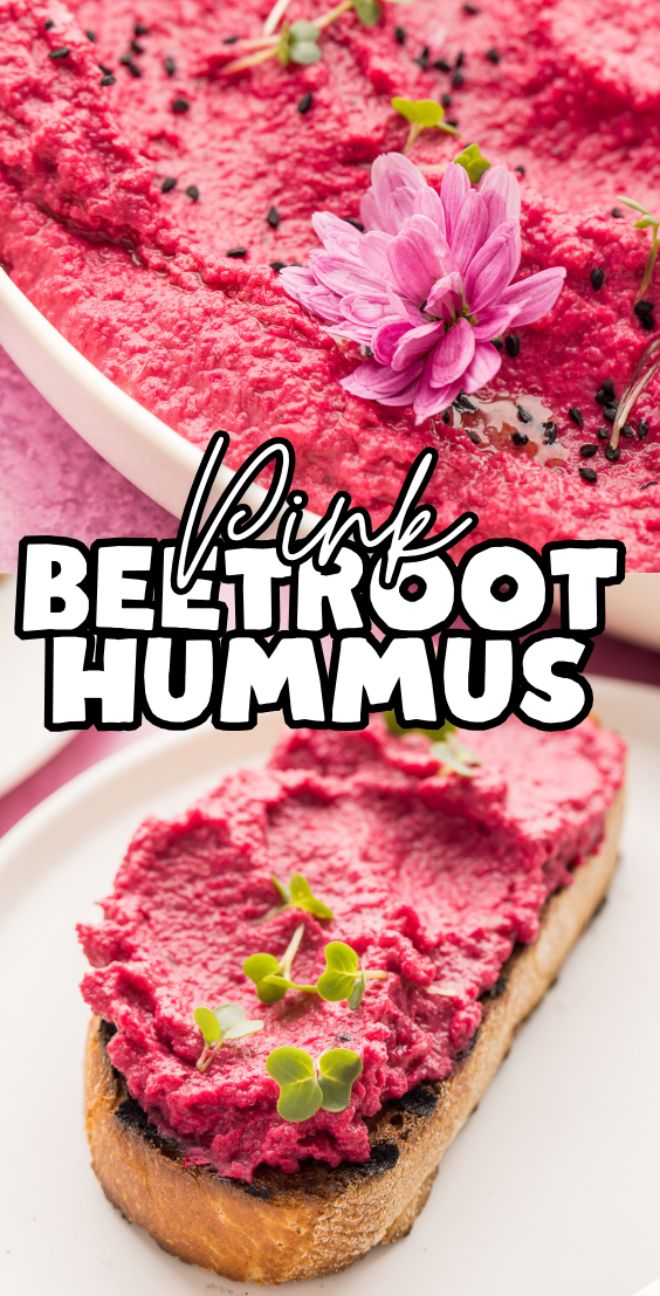 Close-up of vibrant pink beetroot hummus in a bowl and spread on toast, garnished with greens and a flower. This creamy pink beetroot hummus adds a colorful twist to your snack or appetizer table.