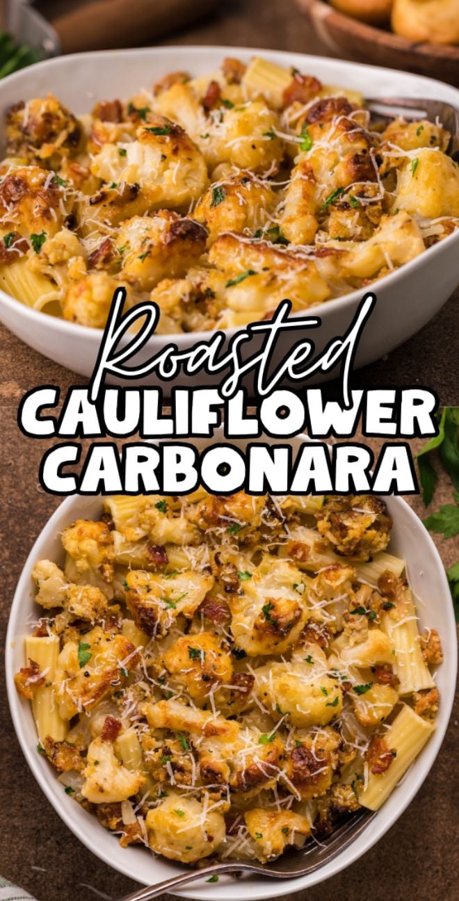 Two bowls of Roasted Cauliflower Carbonara, topped with cheese and herbs, feature a creamy cauliflower sauce—an easy weeknight dinner seen from above.