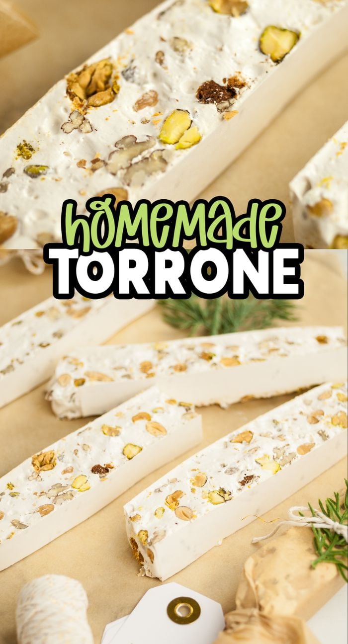Homemade torrone nougat with nuts, sliced on parchment paper, surrounded by festive decorations and classic Italian Christmas cookies like fig cookie and Cucidati.