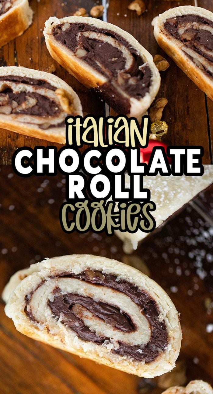 Sliced Italian chocolate roll cookies on a wooden surface with text overlay naming the cookies—perfect treats for Christmas baking.