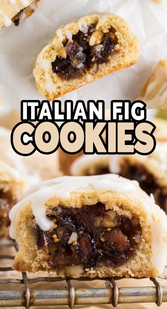 Close-up of Italian Fig Cookies – Cucidati with white icing and a fig filling, shown sliced open to reveal the delicious inside of these classic Italian Christmas cookies.