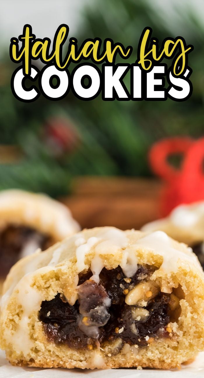 Close-up of glazed Italian Fig Cookies – Cucidati, classic Italian Christmas cookies with a sweet fig and nut filling. Text reads "Italian fig cookies.