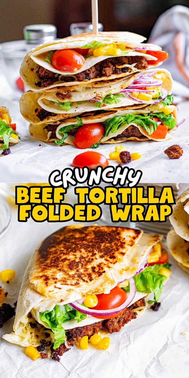 Two images of beef tortilla wraps with lettuce, tomato, onion, and corn, stacked and folded, ready to eat.