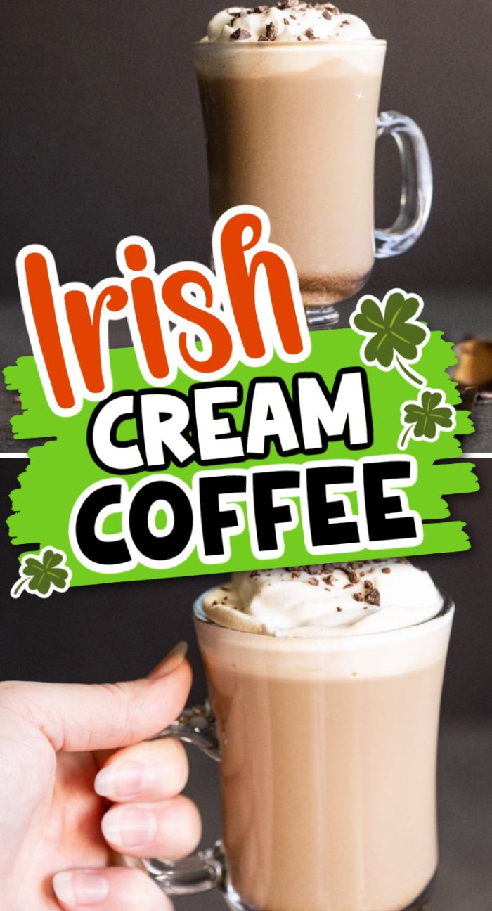 Two glass mugs of Irish cream and coffee topped with whipped cream; text reads "Irish Cream Coffee," the perfect alcoholic coffee drink for cozy gatherings.