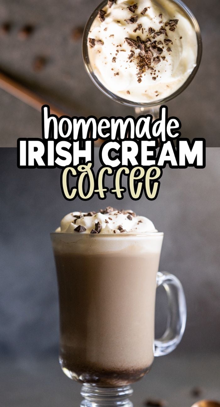 Glass mug of Irish cream and coffee topped with whipped cream and chocolate shavings, seen from above and the side—an irresistible alcoholic coffee drink.