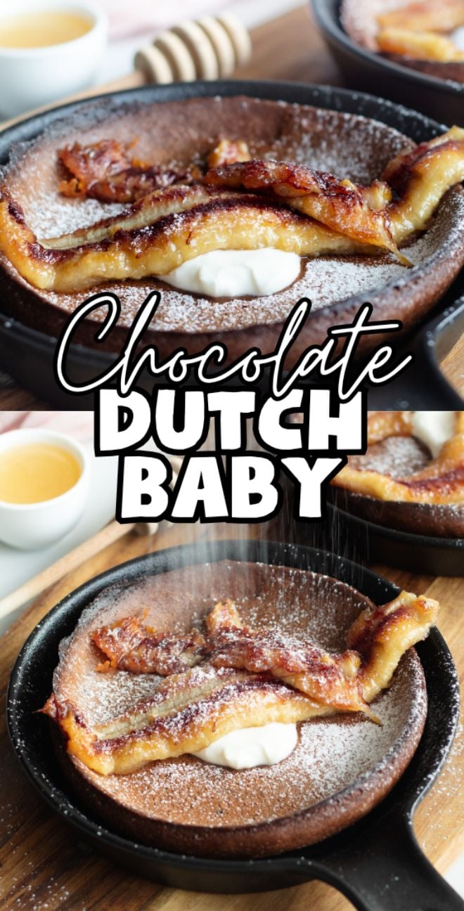 A chocolate Dutch baby pancake in a skillet, topped with powdered sugar and cream, with coffee nearby—enjoy this gluten free Dutch baby for a decadent morning treat.