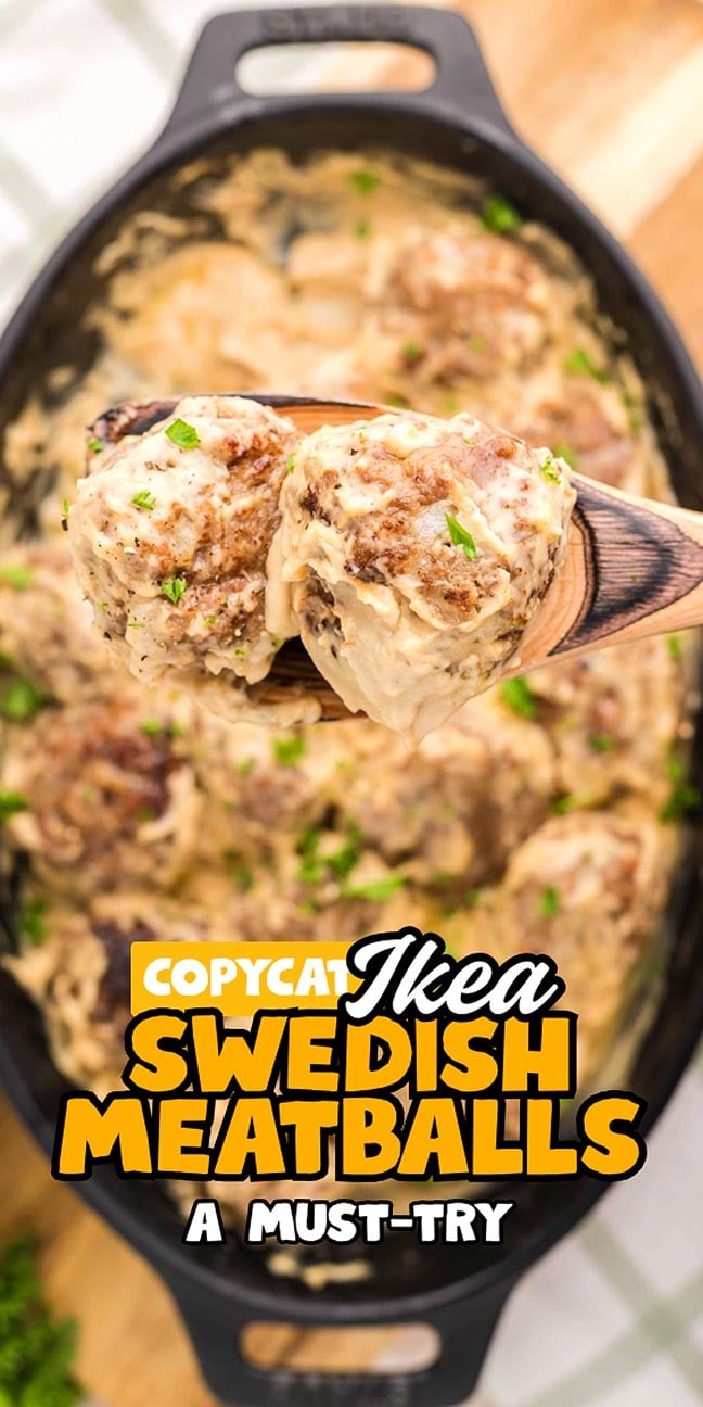 Wooden spoon holds creamy Swedish meatballs above a pan. Text: “Copycat Ikea Swedish Meatballs, A Must-Try.”.